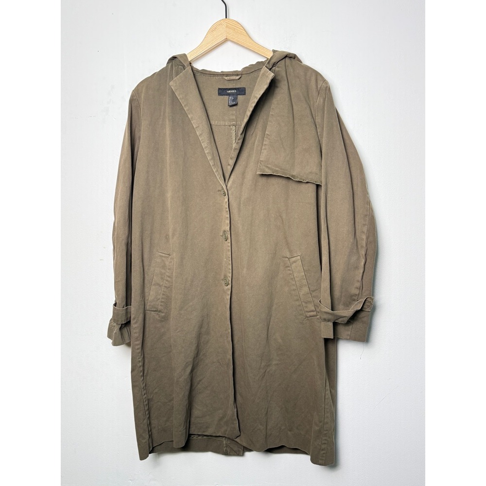 Forever 21 Women Olive Green Cotton Hooded Trench Utility Coat Large